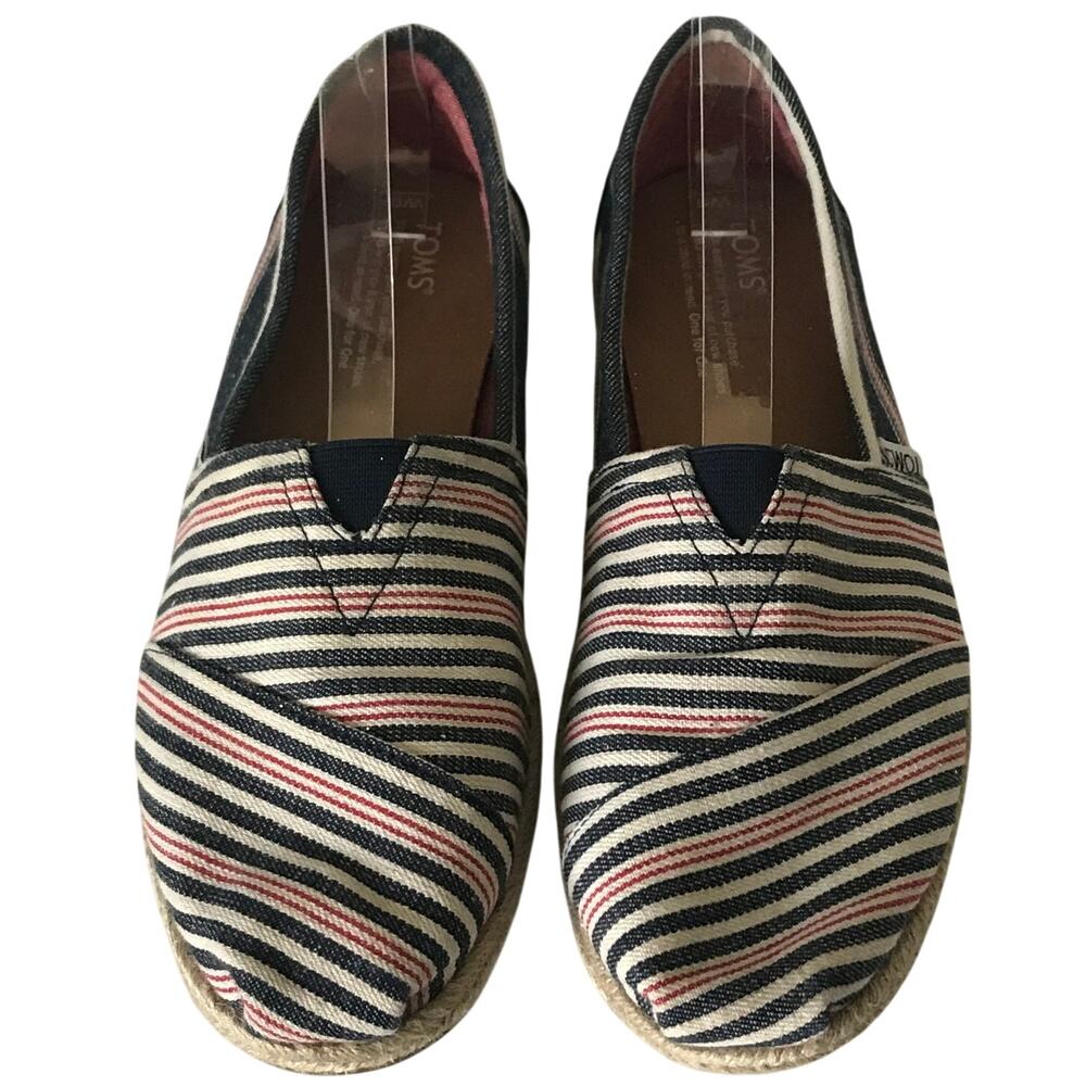 Toms Shoes Size 9 Womens Striped Flat Red White Blue Patriotic Espadrille